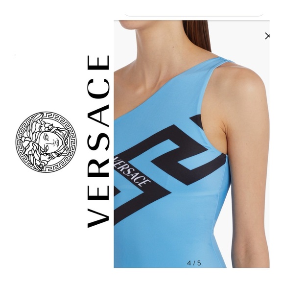 NWOT VERSACE GRECA LOGO ONE SHOULDER ONE-PIECE SWIMSUIT IN GNAWED BLUE - Picture 5 of 11